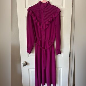 Vintage 70’s 80’s dress, size 12, ruffles, high neck, wrap belt, sheer sleeves